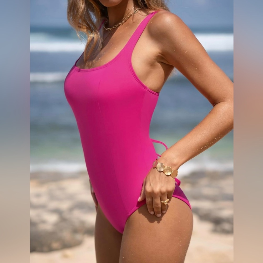 Cupshe Fuschia Square Neck Tie Back Slim & Sculpt One-Piece - Picture 4 of 6
